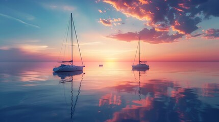 Sailboats anchored in a tranquil bay at sunset, with copy space