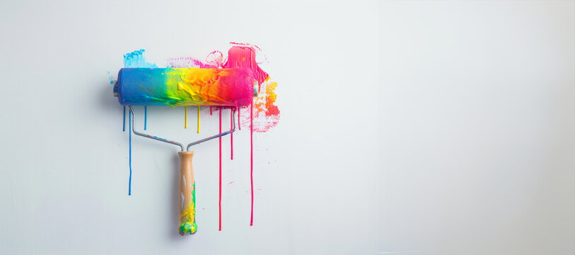 full view of a paint roller coated in dripping colorful paint against a white background. The roller appears vibrant, dynamic. for conveying concepts related to painting, renovation, creativity