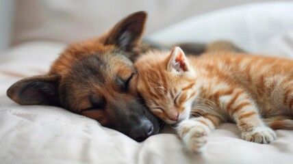 Fototapeta na wymiar Dog and cat curled up together on the sofa