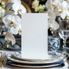 Wedding table setting, menu mockup on table, blank card for wedding, restaurant, festive dinner menu design.