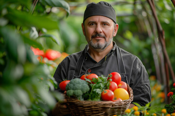 Executive chef holding organic vegetables wood basket standing in the organic garden