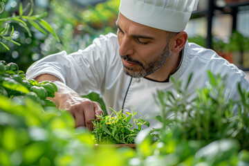 Executive chef picking organic herb in garden