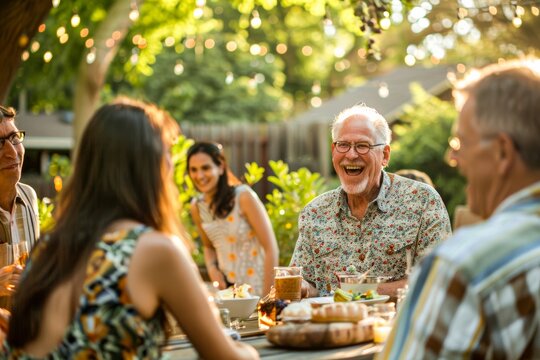Senior man laughing with family during an al fresco meal in a garden setting