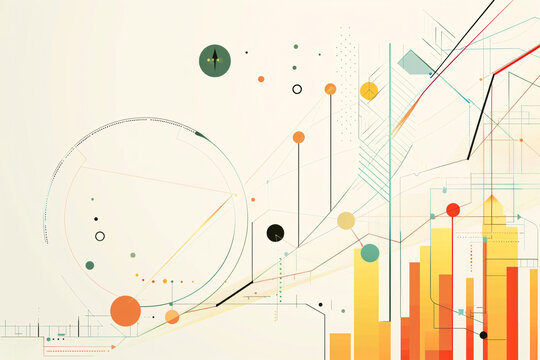 Abstract composition with colorful statistical charts and geometric elements