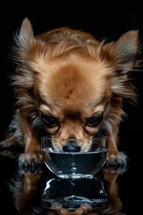 Cute chihuahua dog drinking water isolated on a black background