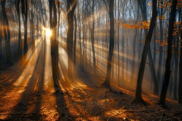 Sunlight streaming through a misty forest at dawn, showcasing the beauty of natural landscapes and the concept of new beginnings and tranquility in nature
