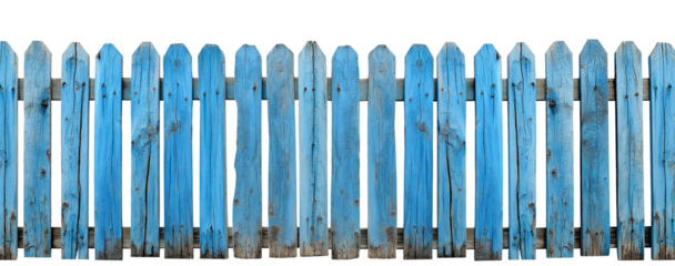 Rustic blue wood fence. Transparent background PNG. Farm fence. Ranch fence. Retro, vintage, antique. American style fence. Made of wood.