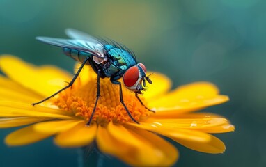 Fototapeta premium Close Up Look at a Housefly on a Yellow Blossom