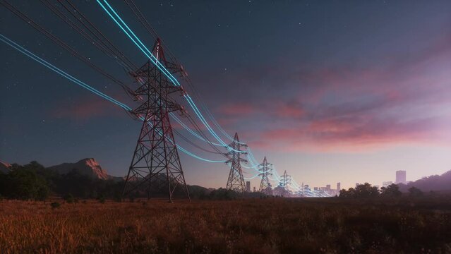 Transmission of electricity to the city. Power Transmission Lines. Energy stream. Power pole wires