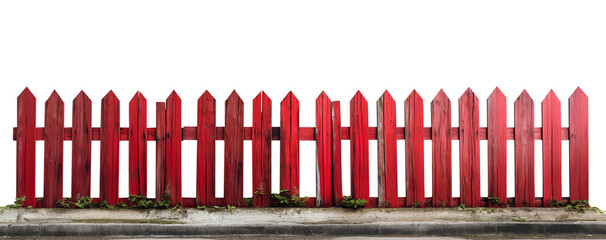 Rustic red wood fence. Transparent background PNG. Farm fence. Ranch fence. Retro, vintage, antique. American style fence. Made of wood. 