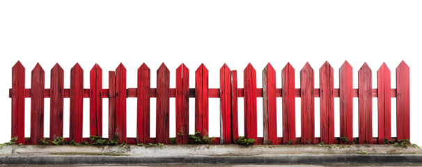 Rustic red wood fence. Transparent background PNG. Farm fence. Ranch fence. Retro, vintage, antique. American style fence. Made of wood. 