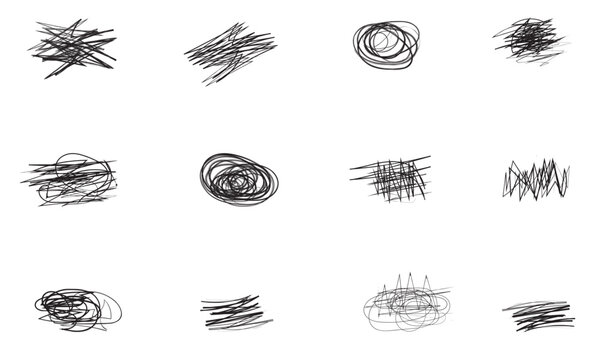 Charcoal pen liner doodle texture elements, crown, emphasis arrow, speech bubble, scribble. Hand drawn cute cartoon pencil sketches of decorative icons. Vector illustration 