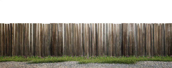 Rustic brown wood fence. Transparent background PNG. Farm fence. Ranch fence. Retro, vintage, antique. American style fence. Made of wood. Grass