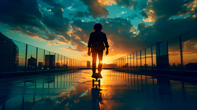 Skateboarding in the City. Silhouette of Young Man Enjoy skateboarding on Building, Evening Sunset Relaxation after Work. Urban Surfskate Culture and Trendy Subculture Lifestyle.