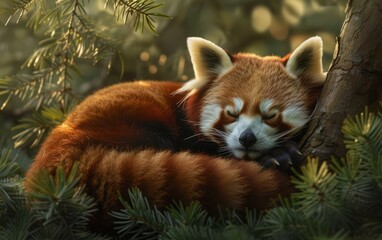 A red panda relishes a tranquil slumber, nestled within the lush pine needles