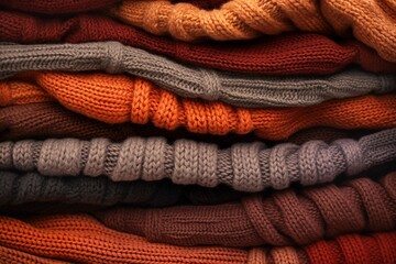 ozy knitted sweaters. Warm concept. Sweaters folded in piles
