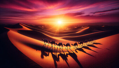 Camel caravan in the desert at sunset - obrazy, fototapety, plakaty