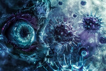 Intricate close-up of a human eye surrounded by virus-like particles symbolizing infection or contamination in a detailed, artistic representation