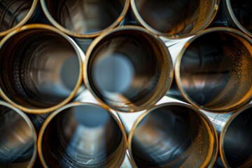 A close-up abstract shot of multiple cylindrical metal pipes creating a geometric pattern