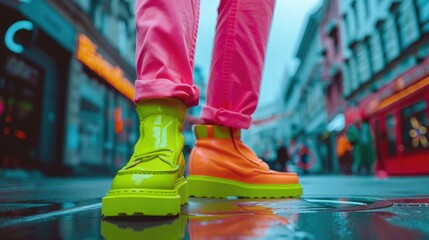 A close-up of a person standing on a vibrant, urban street, wearing two distinctly different colored shoes, one neon green and the other bright pink, showcasing their bold and unique fashion choice