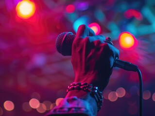 Embrace the Music. Tattooed hand gripping a microphone on a vibrant concert stage with red lighting