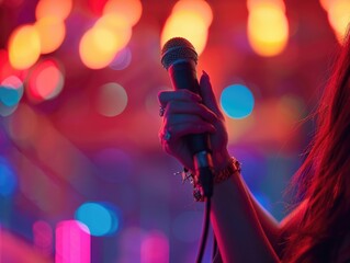 Embrace the Music. Tattooed hand gripping a microphone on a vibrant concert stage with red lighting