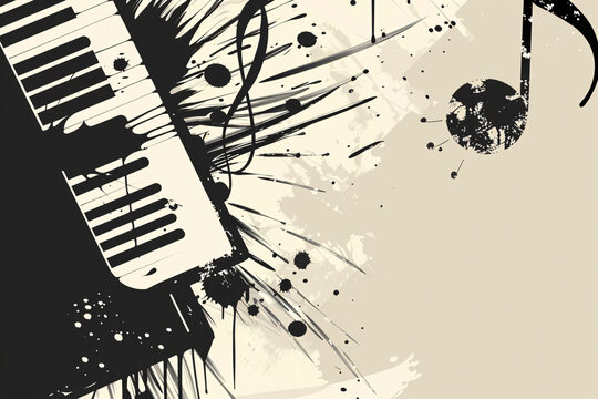 Grungy monochrome abstract with piano keys and ink splatters