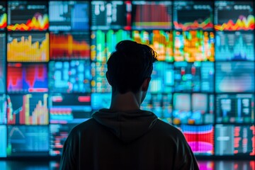 Fototapeta premium The back view of a man analyzing complex colorful graphical data displayed on multiple screens