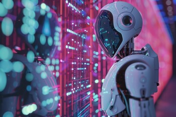 A modern robot ponders amidst a backdrop of striking data streams and digital patterns