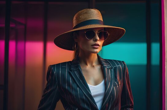 Model lady in fashion suit with big hat on head, and sunglasses; studio shot, outdoor portrait isolated against neon background, stylish modern male clothes.