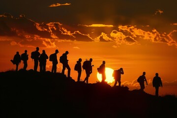 Unbound by Limits: Silhouettes Against a Blazing Sunset. Celebrating Adventure, Personal Growth, and Breaking Through Barriers. Inspirational Stock Photo for Presentations & Branding