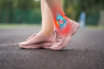 Achilles tendon injury, joint inflammation, foot pain, woman suffering from feet ache on a running track, podiatry concept - 749944910