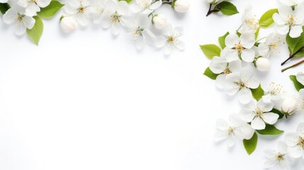 Frame of white blossoming apple tree flowers.  Spring blooming with copy space in the center. Top...