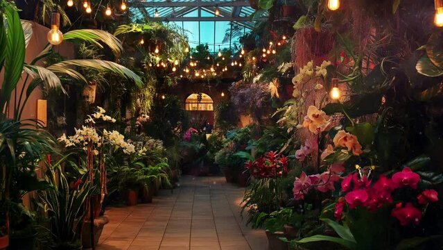 Tropical garden in greenhouse with flowers and plants in pots