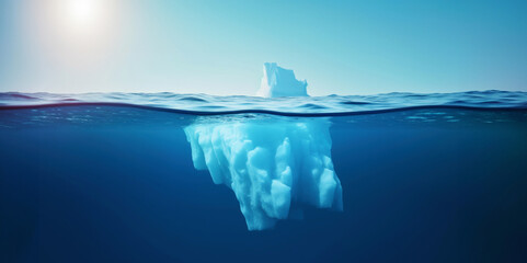 White Iceberg floating in clear blue water sea, under and above water view. Global Warming Concept. Generative AI - obrazy, fototapety, plakaty
