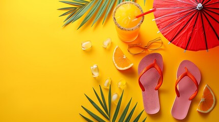 Mockup of vacation essentials on a bright yellow background, including flip flops, sunglasses, and a tropical drink with a decorative umbrella, perfect for summer holiday planning - obrazy, fototapety, plakaty