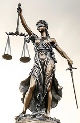 a statue of Lady Justice/Justitia, with scales and a sword, in a front view in a Vertical layout, in a judicial-themed, photorealistic illustration in JPG. Generative ai