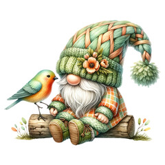 Illustration of Garden Gnome with a Friendly Bird.