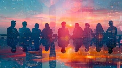 A group of business people meeting against the backdrop of a city office building signifies a successful partnership in a business deal. This represents the concept of teamwork, trust, and agreement. - obrazy, fototapety, plakaty