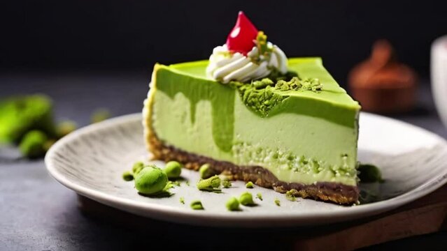 matcha cheesecake with red bean paste and whipped cream.