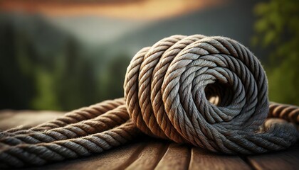 close up coil of rope with nature background