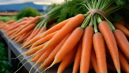 fresh orange carrots bunches for sale at a farmers market - obrazy, fototapety, plakaty