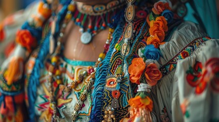 A close-up of a traditional May Day outfit, focusing on the intricate fabric patterns and accessories, capturing the cultural significance and attention to detail in the celebration's attire