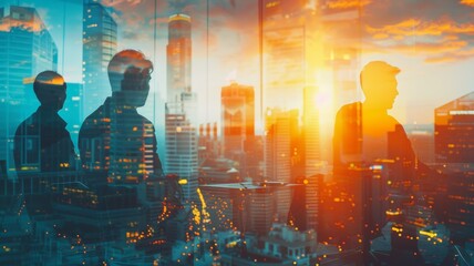 A group of business people meeting against the backdrop of a city office building signifies a successful partnership in a business deal. This represents the concept of teamwork, trust, and agreement.