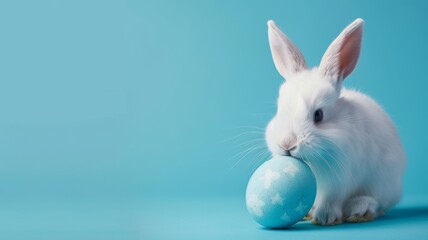 Obraz premium Easter bunny with blue painted eggs on a blue background