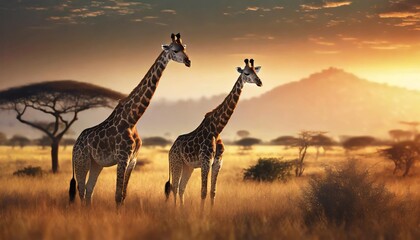 giraffes in the african savannah serengeti national park africa tanzania - obrazy, fototapety, plakaty