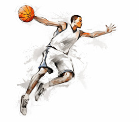 Basketball sketch drawing with a watercolor touch on white background.