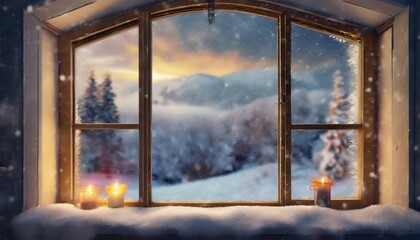 snow covered window beautiful landscape winter view out of a window