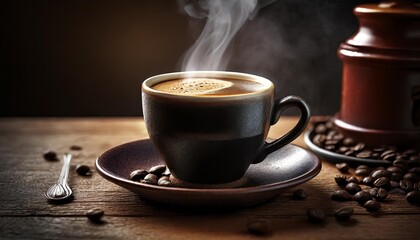 a steaming cup of hot black coffee on a wooden table the coffee is dark and rich in color with a thick layer of foam on top