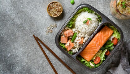 healthy lunch with fresh salad rice and salmon in plastic free food container on grey concrete kitchen table food developing eco friendly packaging top view with copy space